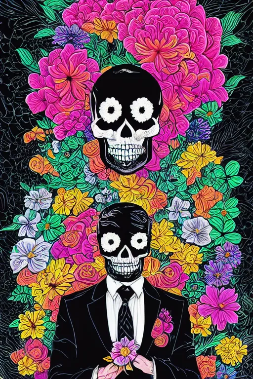 Image similar to large skull painted with vivid flowers on a black suit and tie by Jen Bartel and Dan Mumford and Satoshi Kon, gouache illustration