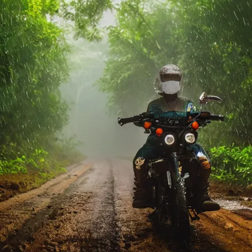Prompt: potato riding a motorcycle through the jungle off - road low angle with rain and lightning