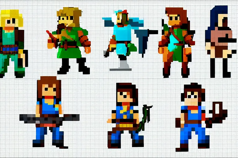 Prompt: pixel art link in the style of breath of the wild. sprite sheet, character design # pixelart
