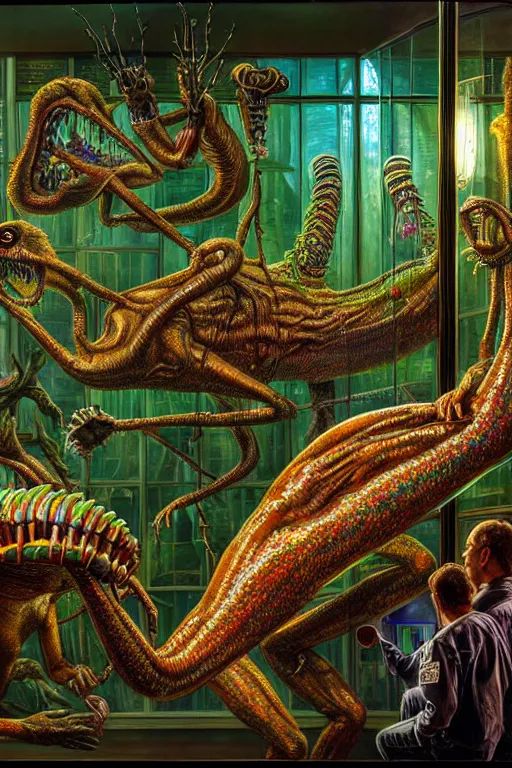 Prompt: a hyperrealistic detailed painting of a museum of rainbow abomination creatures, glass displays with mutated creature, scientific specimens, oddities, cinematic lighting, depth perspective, depth of field, cinematic angle, by chris cunningham and richard corben, highly detailed, vivid color,