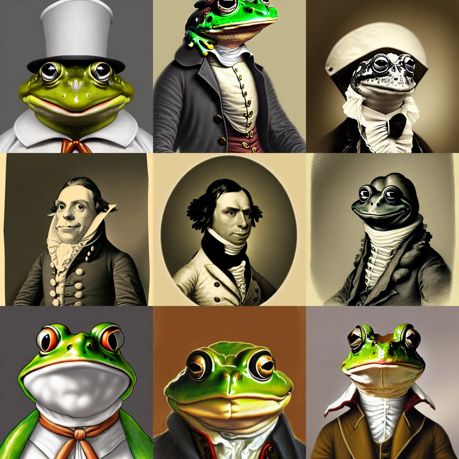 Prompt: a head and shoulders portrait of an anthropomorphic frog!!!!!!!!!! wearing a colonial outfit without a hat looking off camera, a character portrait, american romanticism, soft focus