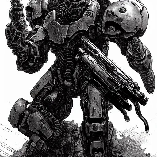 Image similar to doom slayer, pre renaissance art, tsutomu nihei art,