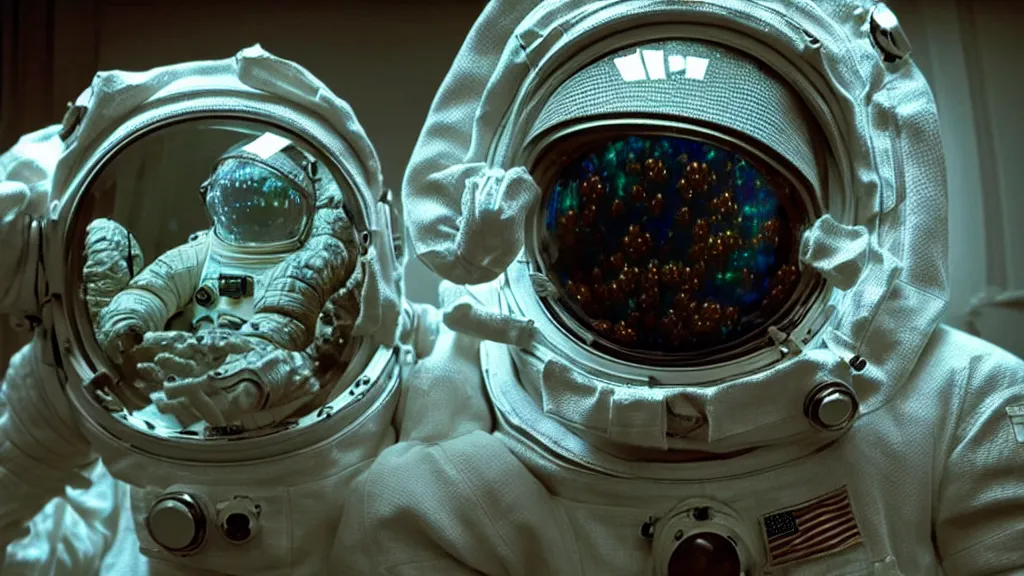 Image similar to a single astronaut eva suit made of diamond 3d fractal lace iridescent bubble 3d skin and covered with insectoid compound eye camera lenses floats through the living room, film still from the movie directed by Denis Villeneuve with art direction by Salvador Dalí, wide lens,