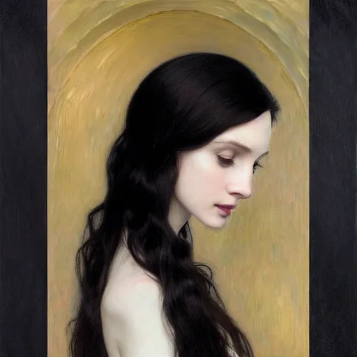 Image similar to Portrait of a beautiful, pale skin, female with long black hair, dark brown eyes, smiling, elegant clothing, photorealistic, highly detailed oil painting, artstation, smooth, sharp focus, art by Klimt, artgerm, Greg Rutkowski and Alphonse Mucha, natural light, Adobe Lightroom, photolab, Affinity Photo, PhotoDirector 365, artstation