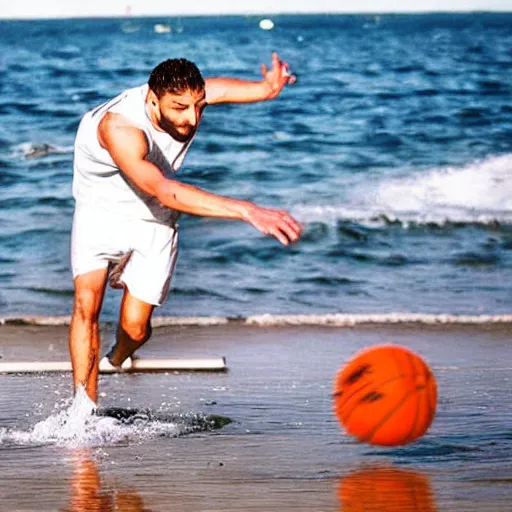 Image similar to A photo of jesus playing basketball while running on water