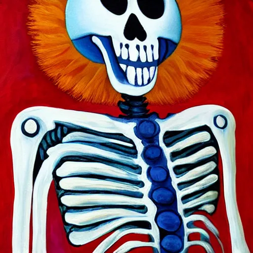 Prompt: smiling skeleton with puffy blue jacket, painting