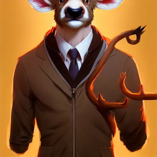 Image similar to character design portrait of a stupid chinese anthropomorphic furry deer man with deer ears, short brown hair, wearing a suits, looking at the camera, 4 k, concept art, by wlop, wenjun lin, watercolor, ilya kuvshinov, artgerm, krenz cushart, pixiv.