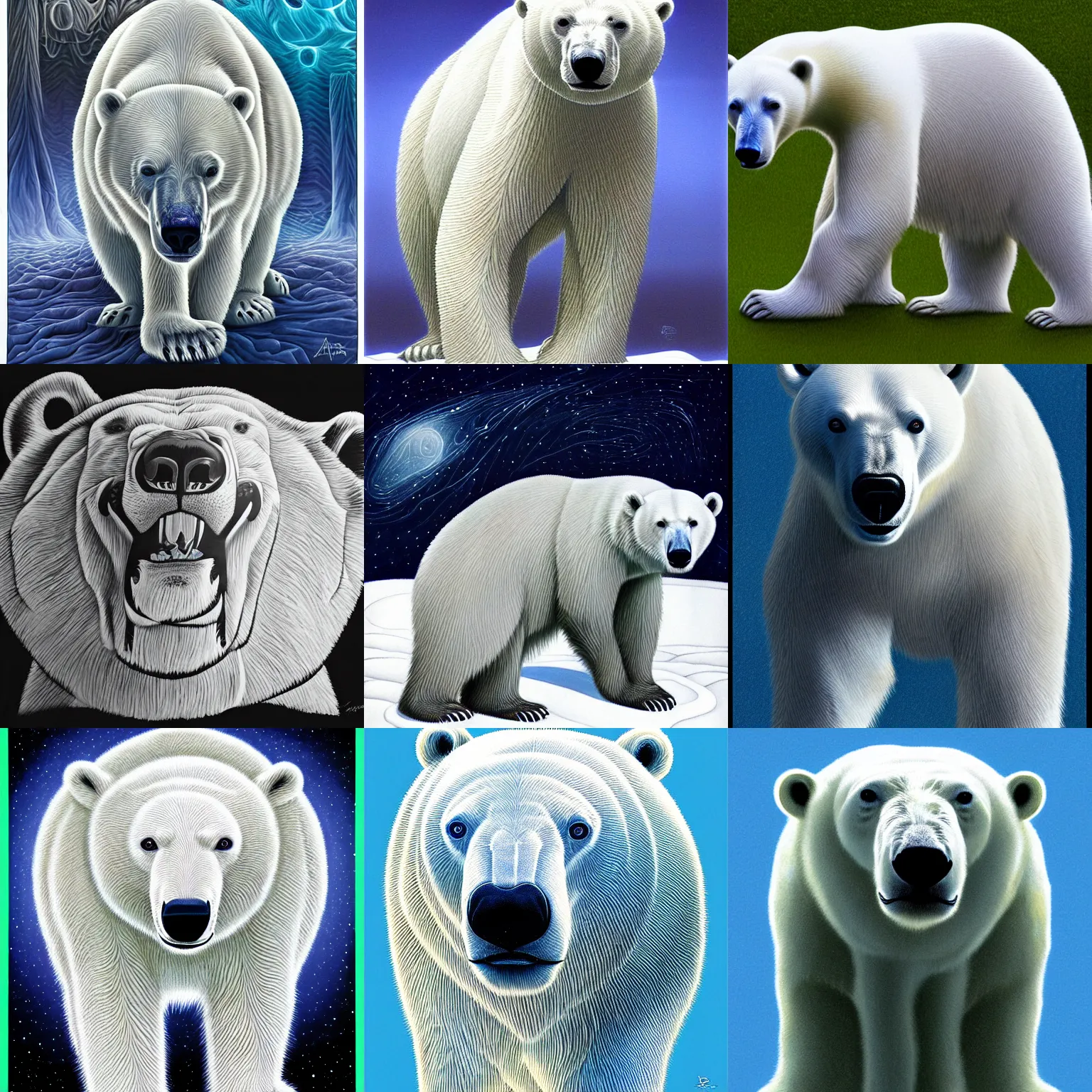 Prompt: a polar bear by alex grey and android jones