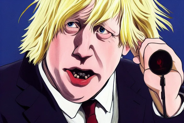 Image similar to anime key visual of boris johnson addressing the covid epidemic to a room of reporters, style of jamie wyeth james gilleard edward hopper greg rutkowski acrylic painting, preserved museum piece, historical