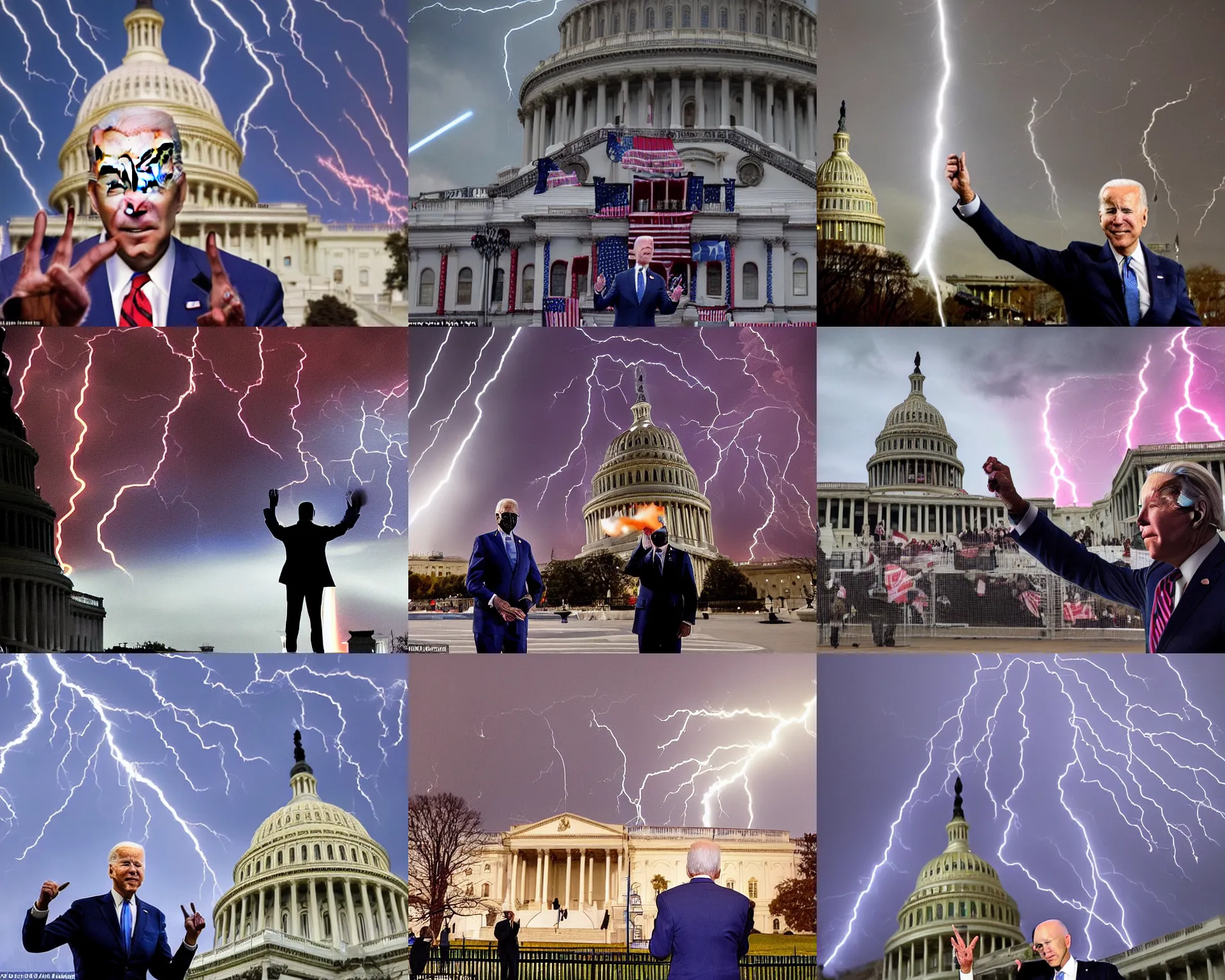 Prompt: Joe Biden in front of the U.S Capitol shooting lightning bolts from his fingertips, evil, chaos, ornate, horror, detailed, bloodborne, colorful