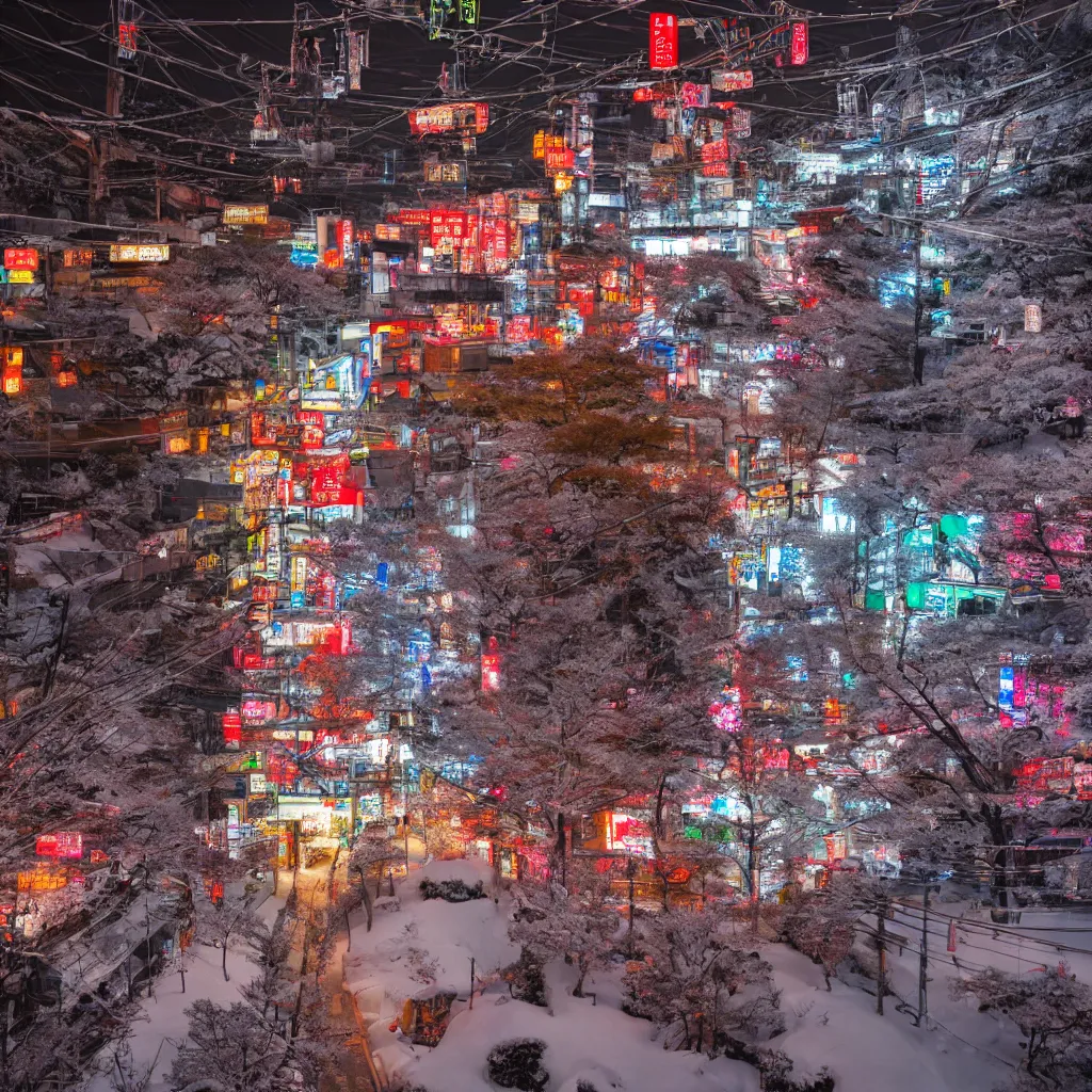 Image similar to a Japanese cyberpunk shrine, snowing, photograph,, sharp focus, intricate detail, drone shot, high resolution, 8k, neon streetlights, wires hanging down everywhere, Japan, colourful,,