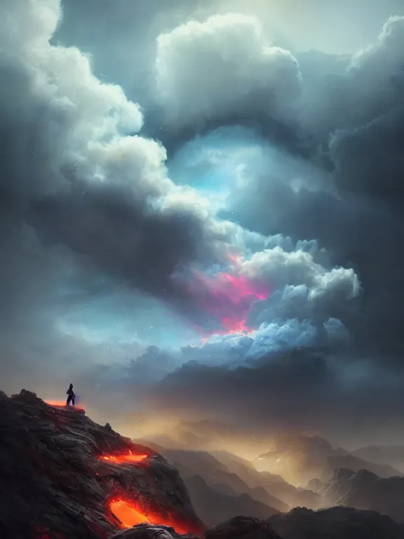 Prompt: photo of 8k ultra realistic lone man on hill surrounded by swirling clouds and lighting, dark, menacing, full of colour, cinematic lighting, battered, trending on artstation, 4k, hyperrealistic, focused, extreme details,unreal engine 5, cinematic, masterpiece, art by Peter Mohrbacher