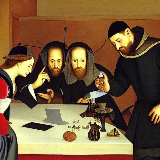 Prompt: a painting of a medieval era group of people looking at a computer in the style of diego velazquez