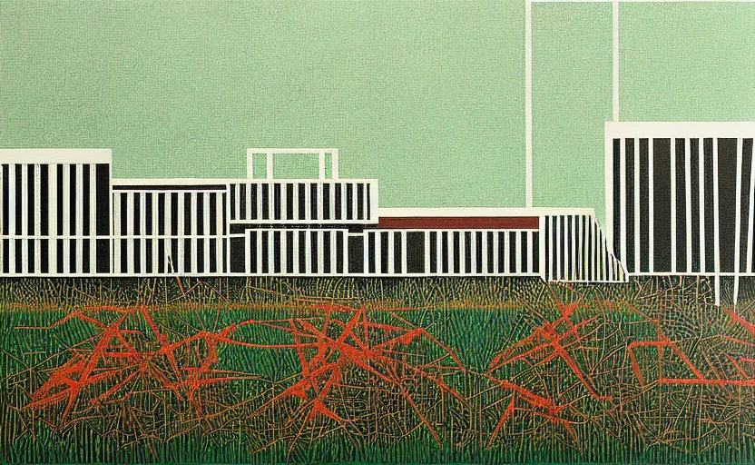 Image similar to geometric painting of industrial buildings surrounded by undergrowth by clarence holbrook carter