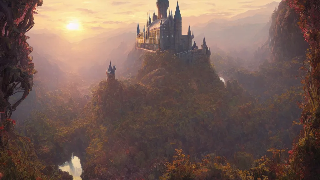 Image similar to a beautiful painting of the view from the train of hogwarts castle at sunrise, intricate, elegant, highly detailed, digital painting, artstation, concept art, by krenz cushart and artem demura and alphonse mucha