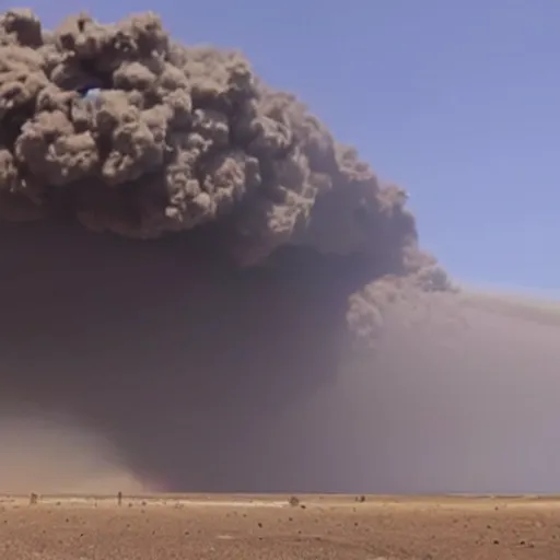 Prompt: a massive cargo ship falls from the sky landing violently in the desert causing a large dust cloud and lots of debris to fly everywhere