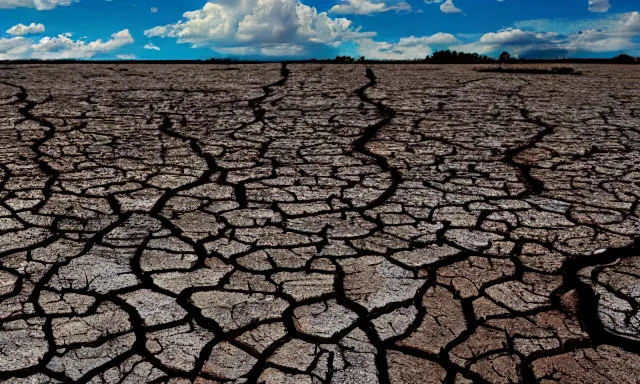 Image similar to panorama of big raindrops flying upwards into the perfect cloudless blue sky from a dried up river in a desolate land, dead trees, blue sky, hot and sunny highly-detailed, elegant, dramatic lighting, artstation, 4k, cinematic landscape, photograph by National Geographic