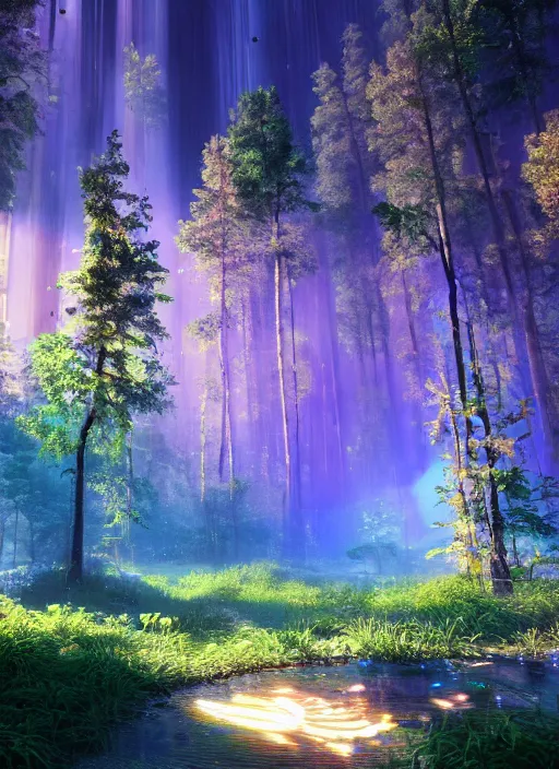 Image similar to beauteous sumptuous, with incredible iridescent pearlescent voluminous fluorescent neon indirect soft glow cinematic lighting, crystalline masterpiece incrustations, hyperdetailed features, movie still, intricate, octane render, cinematic forest lighting, unreal engine, crepuscular rays, god rays