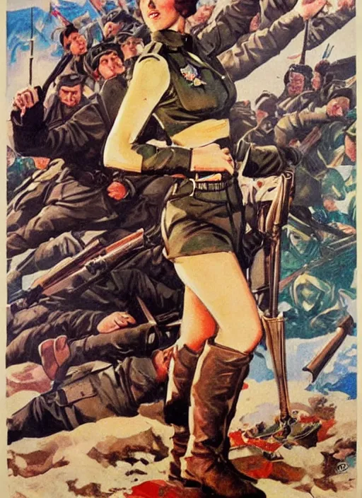 Image similar to beautiful female captain russia standing on a pile of defeated german soldiers. feminist captain russia wins wwii. soviet propaganda poster by james gurney