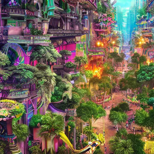 Prompt: colorful jungle city, digital art, cosmic, 3 d high definition, trending on art station, photorealistic, high resolution, v 8 k, octane, hyper detailed, insane details, intricate, elite, ornate, elegant trend, highly detailed and intricate, sharp focus, photography, unreal engine