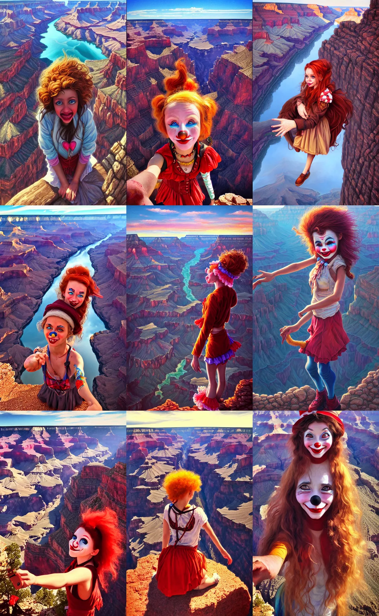 Prompt: high angle selfie of cute hobo clown girl at the rim of the grand, view looking down in into grand canyon in background, magic realism, fantasy, whimsical, art by randy vargas, art by artgerm, art by alex garner, art by anato finnstark intricately detailed, highly detailed, trending on artstation