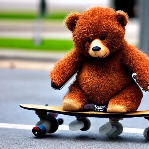 Image similar to a Teddy Bear on a skateboard in central new York law angle telephoto trending on 500px