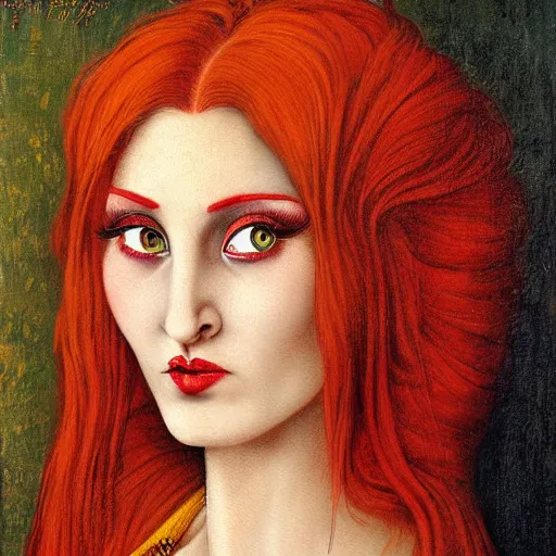 Prompt: Portrait of a beautiful Woman with red hair, yellow eyes by Michael Hutter