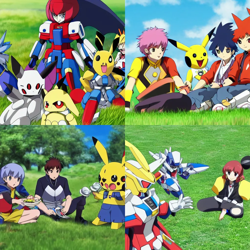 Prompt: a gundam, pokemon and digimon having lunch together on the grass, photo 4k realistic extreme details cinematic