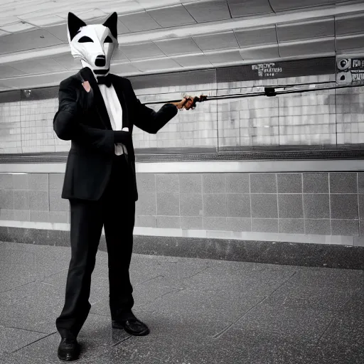 Image similar to a man in a tux wearing a white wolf mask playing the violin at a dirty metro station, unnerving, 4k photography, highly detailed, long shot.