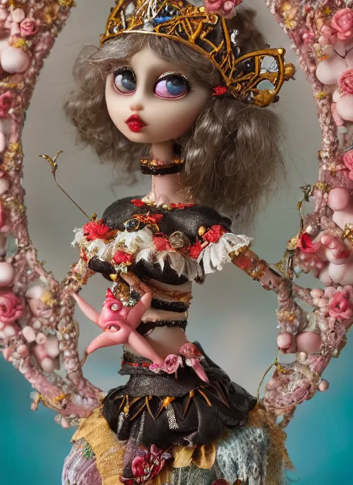 Image similar to closeup profile portrait of tin toy goth fairytale princess wearing a crown, bikini, depth of field, zeiss lens, detailed, symmetrical, centered, fashion photoshoot, by nicoletta ceccoli, mark ryden, lostfish, breathtaking, 8 k resolution, extremely detailed, beautiful, establishing shot, artistic, hyperrealistic, octane render