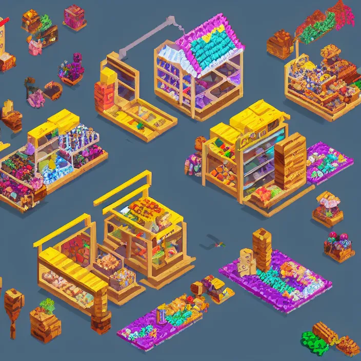 Prompt: isometric pixel art of a small market stall selling magical crystals