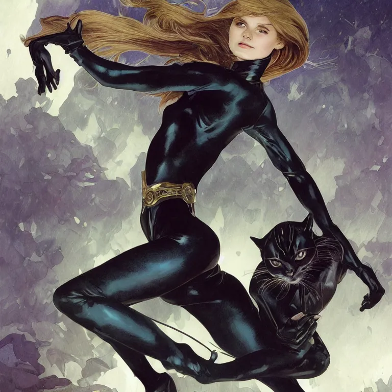 Image similar to Erin Moriarty as Cat Woman, highly detailed, digital painting, artstation, concept art, smooth, sharp focus, illustration, ArtStation, art by artgerm and greg rutkowski and alphonse mucha and J. C. Leyendecker and Edmund Blair Leighton and Katsuhiro Otomo and Geof Darrow and Phil hale and Ashley wood and Ilya repin and Charlie Bowater