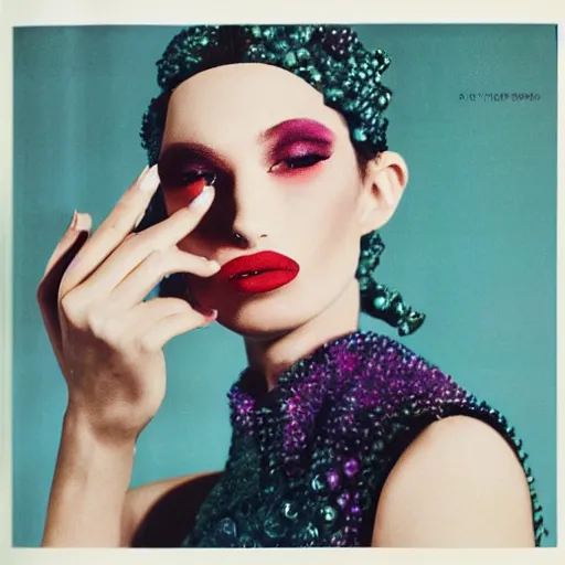 Prompt: portrait of an alien with lipstick, kodak, detailed, vogue magazine