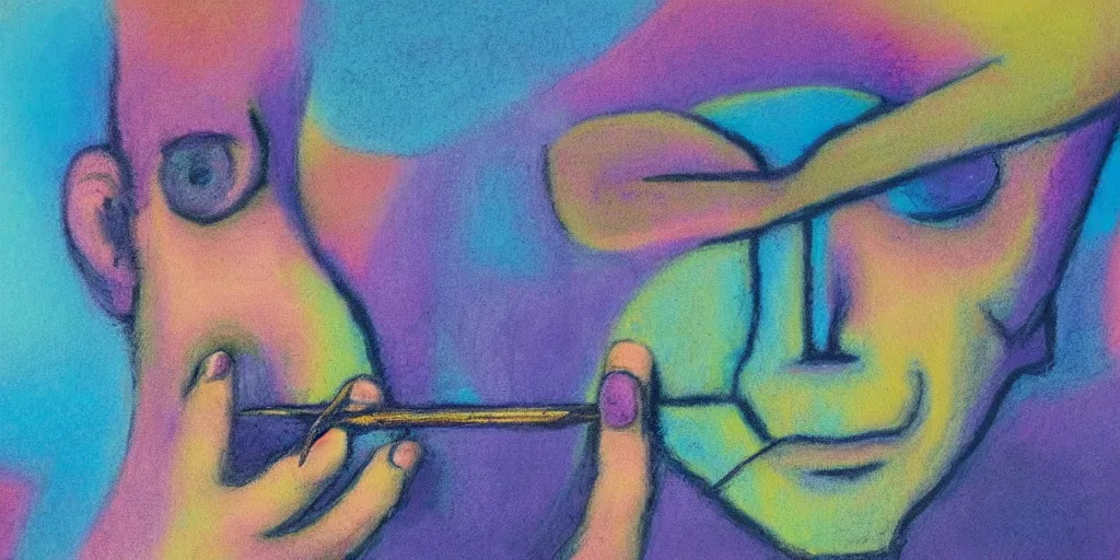 Prompt: pastel abstract painting of a man removing a nail from his third eye