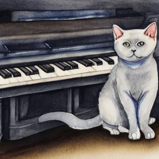 Prompt: grey british shorthair cat sitting on piano keys with musical notes in the background ultra detailed watercolor and color pencil painting 4 k