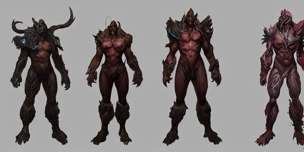 Image similar to three different views of a predator set for dota 2, concept art by senior character artist, trending on artstation, artstation hd, full body