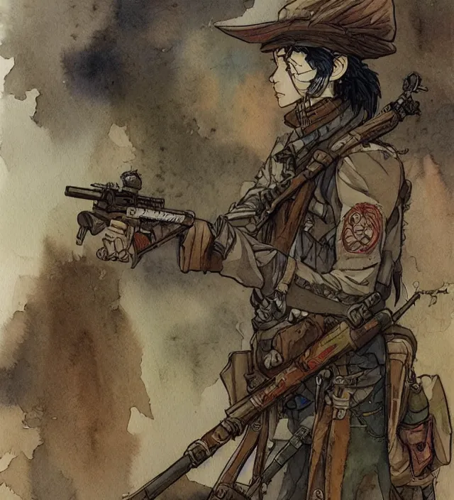 Image similar to a watercolor ink painting of an post - apocalyptic elven sniper in the style of jean giraud in the style of moebius trending on artstation deviantart pinterest detailed realistic hd 8 k high resolution