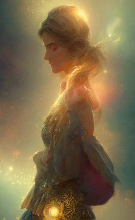 Image similar to the great beyond, sharp focus, intricate, elegant, digital painting, artstation, matte, highly detailed, concept art, illustration, volumetric lighting, gold and blue and pink color scheme, bokeh light, art by greg olsen and liz lemon swindle