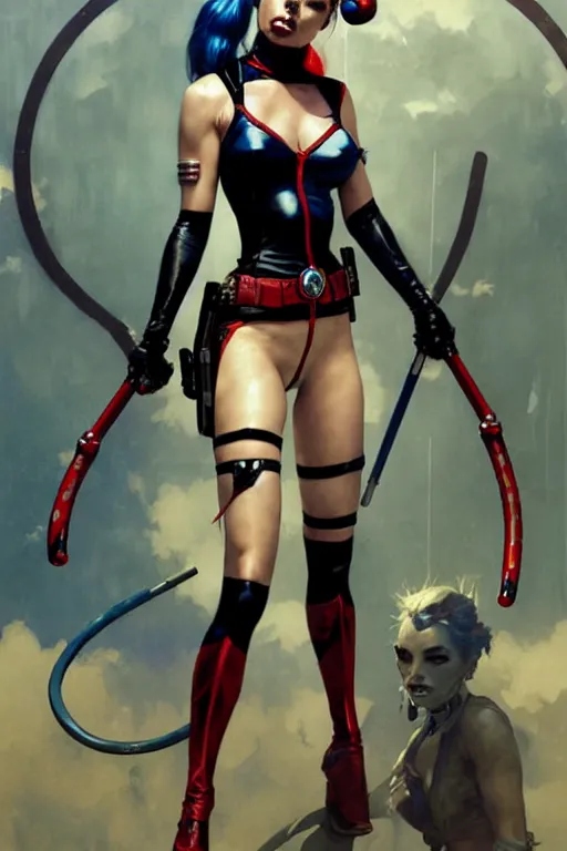 Image similar to aeon flux as Harley Quinn picture by Greg Rutkowski, dynamic pose, flawless, matte painting, intricate, fantasy concept art, elegant, by Stanley Artgerm Lau, WLOP, golden ratio, thomas kindkade, alphonse mucha, loish, Peter chung, norman Rockwell,