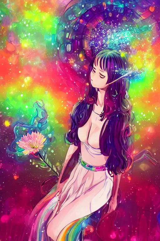 Image similar to psychedelic, whimsical, anime, 4k, beautiful intimate woman vaping with professional makeup, long trippy hair, a crystal and flower dress, sitting in a reflective pool, surrounded by gems, underneath the stars, rainbow fireflies, trending on patreon, deviantart, twitter, artstation, volumetric lighting, heavy contrast, art style of Ross Tran and Ilya Kuvshinov