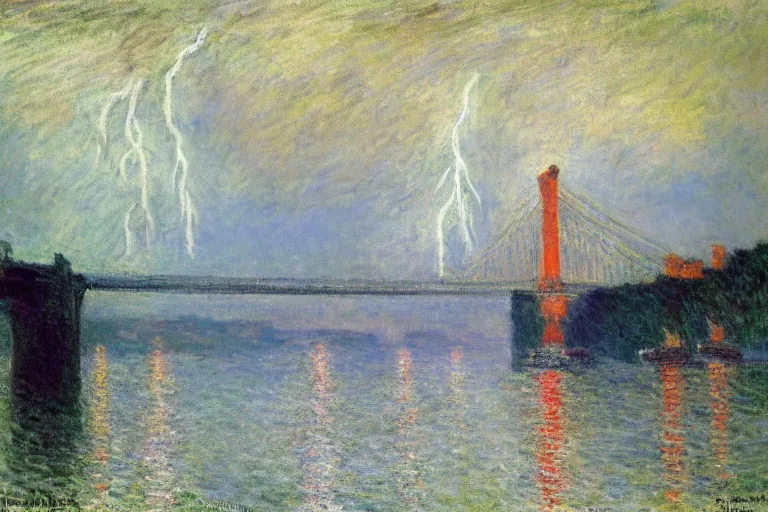 Image similar to beautiful painting of the clifton suspension bridge by claude monet, stormy night, lightning