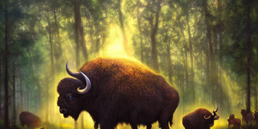 Prompt: buffalo in the forest, magical energies emanating from it, god rays, wide angle, fantasy art, matte painting, sharp focus, vibrant colors, high contrast, illustration, art by justin gerard