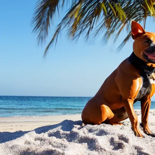 Image similar to an american pitpull terrier on an island beach with palm trees in the background