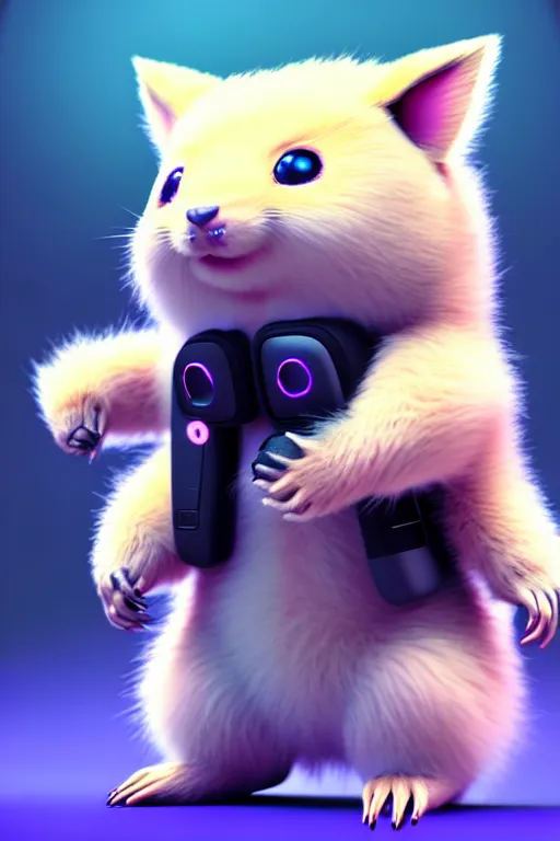 Image similar to high quality 3 d render neo - cyberpunk very cute half fluffy! wombat!! half cyborg with headphones, pastel mechanical! paw, highly detailed, unreal engine cinematic smooth, in the style of detective pikachu, hannah yata charlie immer, neon purple light, low angle, uhd 8 k, sharp focus