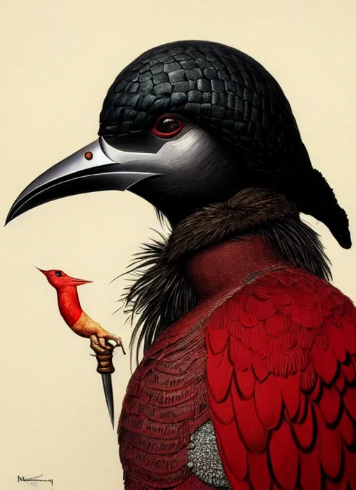 Prompt: rpg! profile! portrait of humanoid bird on white background, beak, feathers, plague doctor, red clothes, intricate, highly detailed, digital painting, artstation, concept art, smooth, sharp focus, illustration, art by norman rockwell emiliano ponzi andrey remnev yoann lossel aaron jasinski, 8 k