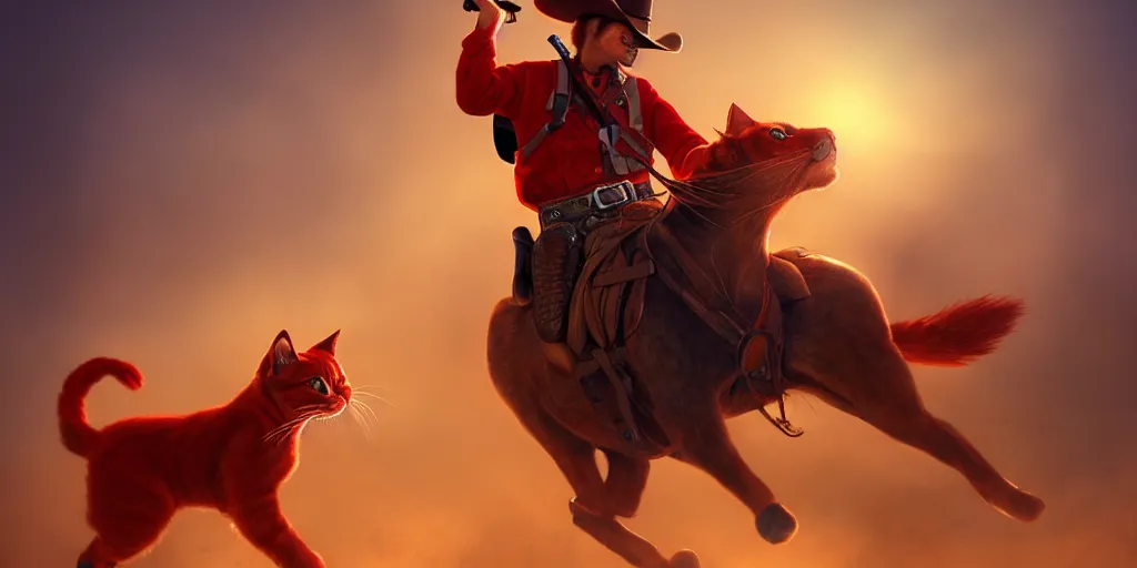 Prompt: a red cat wearing a blue hat while riding a horse and shooting a gun into the air, wild west background, digital art, amazing quality, perfect lighting. Professional design. Great composition. Mind blowing detail. award winning art. impressive colors. trending on artstation.