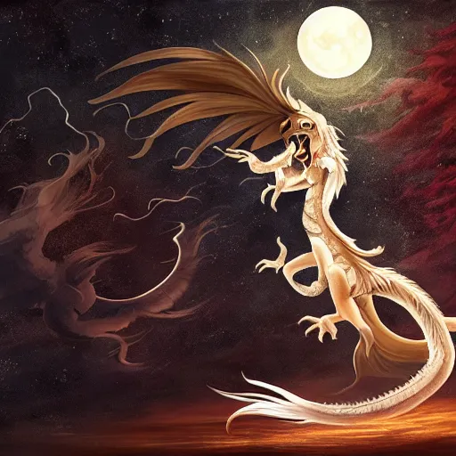 Image similar to a painting of a long white chinese dragon dancing in front of the moon, illustration, shiny, full resolution, full lights, sharp focus, Artstation, intricate, ethereal, highly detailed, smooth,