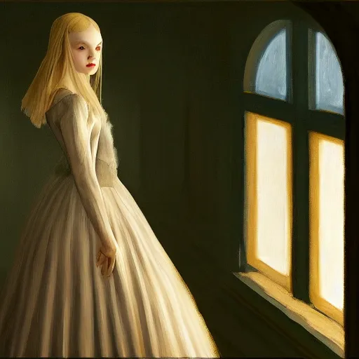 Image similar to Painting of Elle Fanning in the painted world of dark souls, by Edward Hopper. 8K. Extremely detailed.