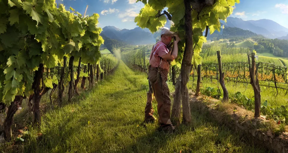 Image similar to A beautiful hyper realistic ultra detailed lifelike matte painting of traditional austrian vineyard worker, unreal engine, deviantart, flickr, artstation, octane render, textured, colorful, extreme realistic detail, physically based rendering, pbr render, very detailed, volumetric lighting, detailed lighting, octane render, 4k, cinematic lighting, 8k resolution