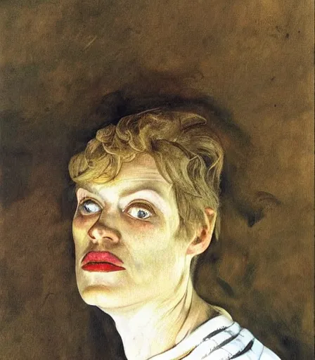 Image similar to a high quality, high detail, portrait of a drag queen by andrew wyeth and lucian freud, moody, melancholic